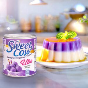 Rich and creamy Ube Flan made with Jans Sweet Cow - Ube Sweetened Condensed Creamer, topped with golden caramel.