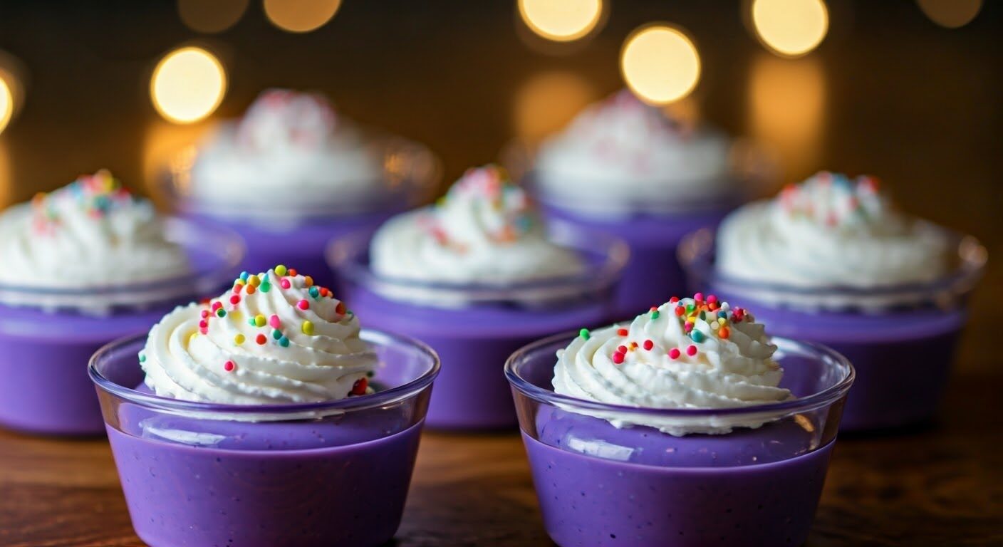 Decorated ube pudding cups