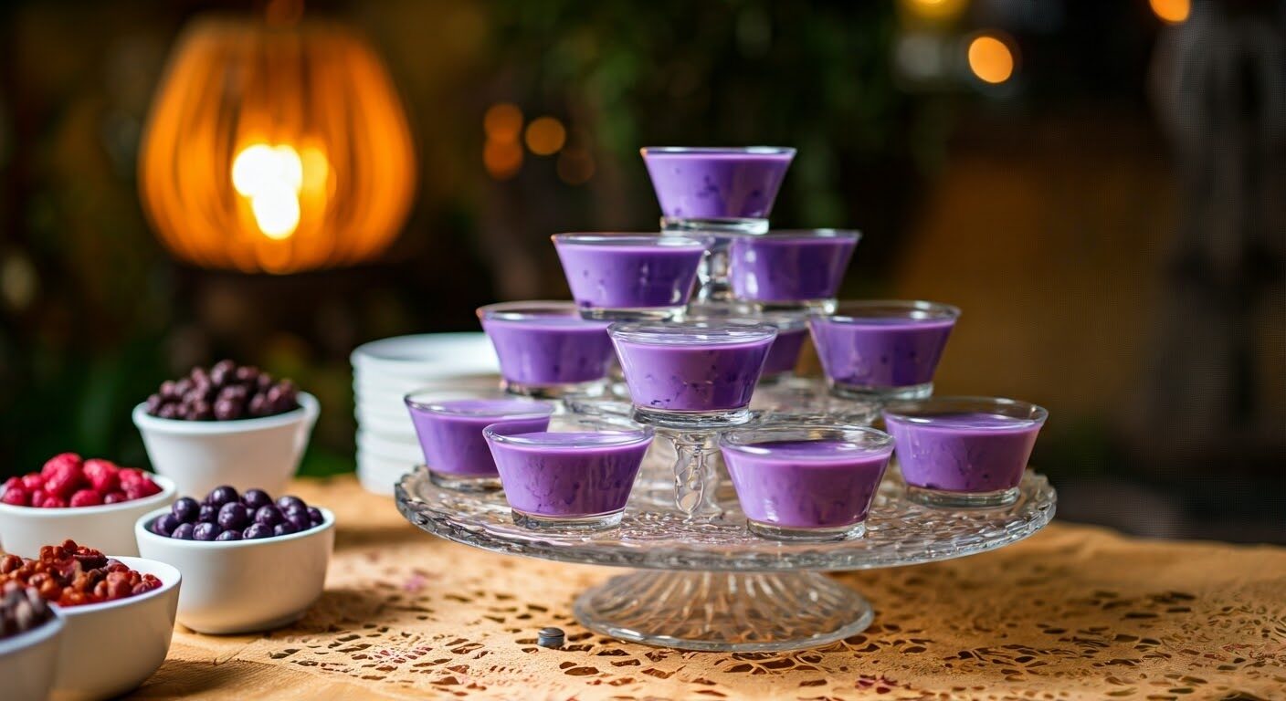 Vibrant ube pudding cups on a table