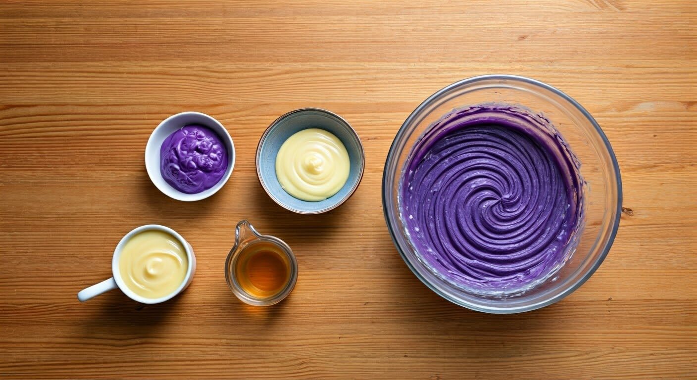 Ingredients for ube pudding preparation