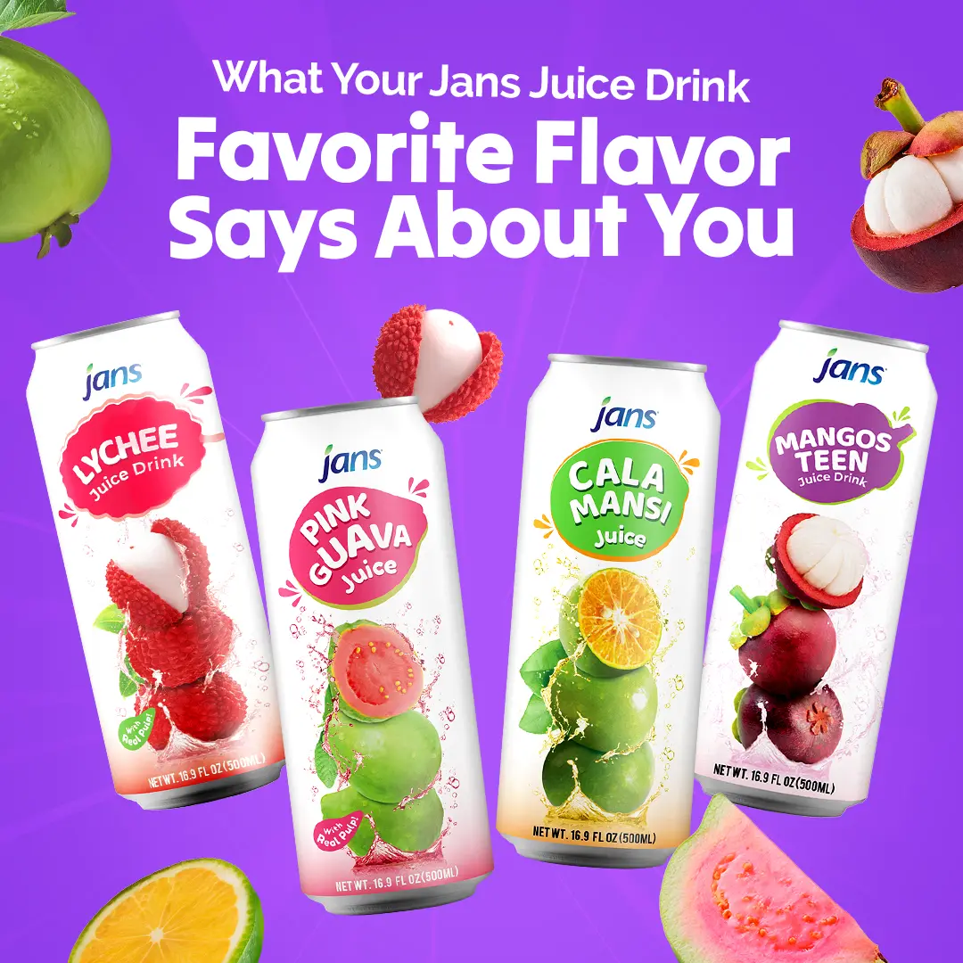 Four Jans Juice Drinks—Lychee, Pink Guava, Calamansi, and Mangosteen—on a vibrant purple background with flavor personality captions