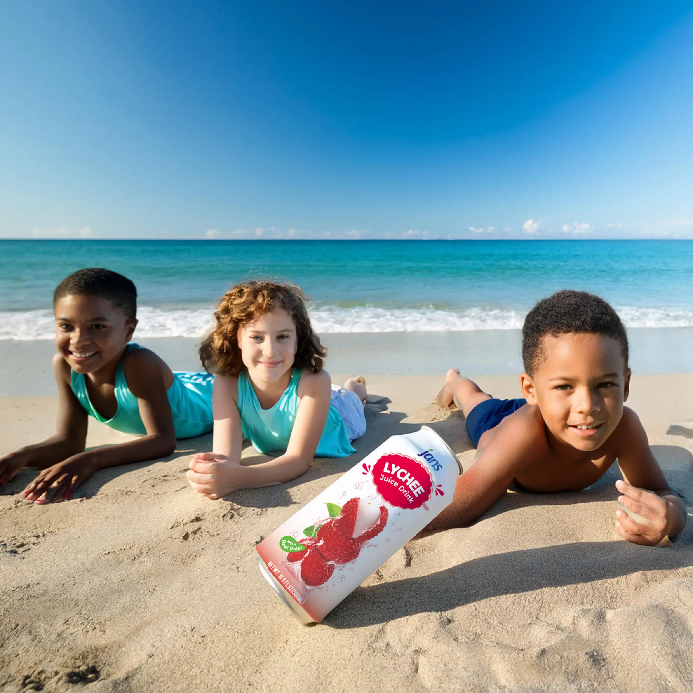 Three children lying on the beach with a can of Jans Lychee Juice Drink beside them under bright sunny skies
