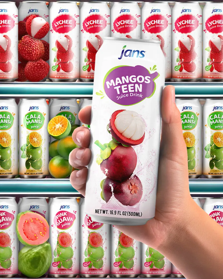 A hand holding a Jans Mangosteen Juice Drink can in front of a supermarket shelf stocked with Jans tropical juice flavors