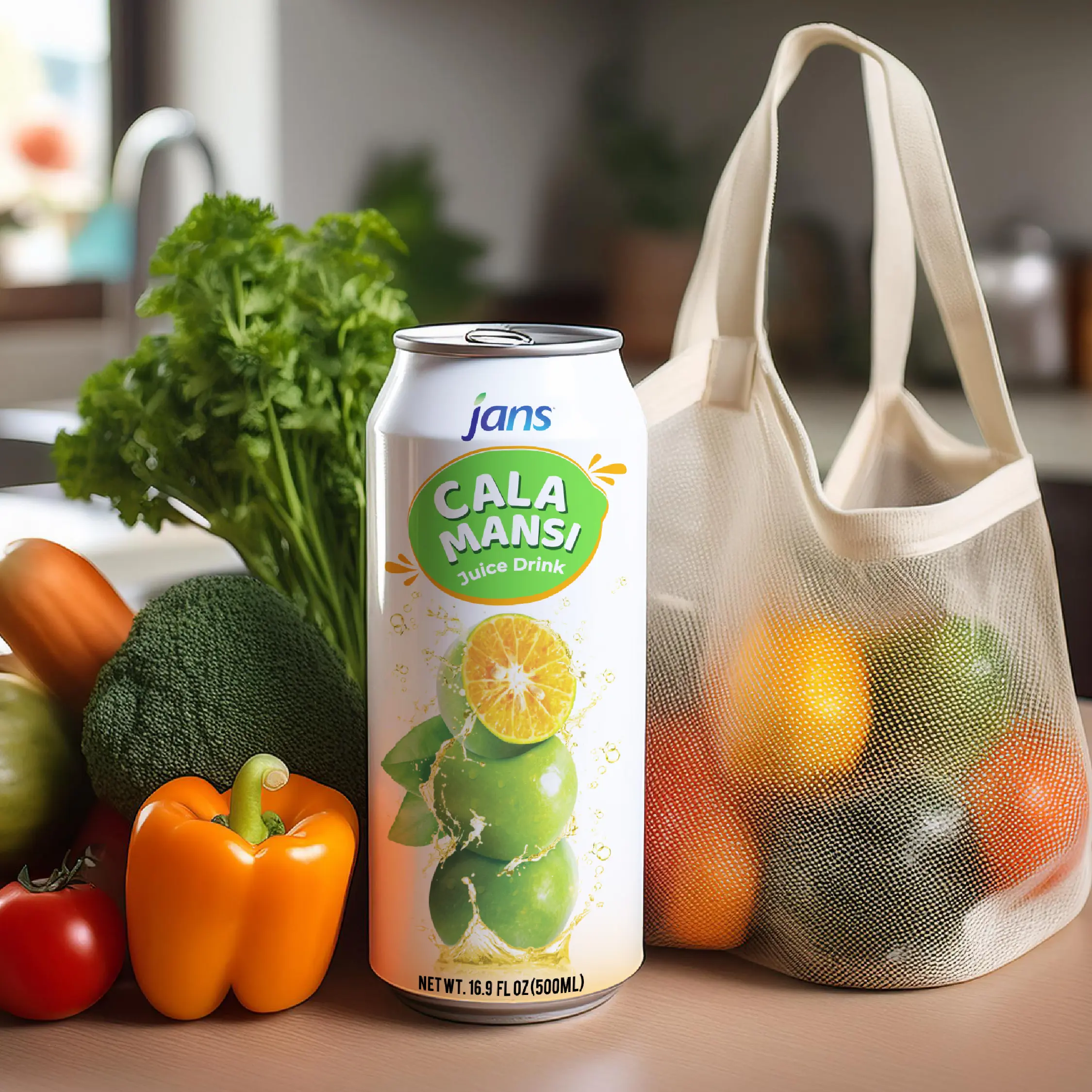 A can of Jans Calamansi Juice Drink placed on a kitchen counter beside fresh vegetables and a mesh grocery bag