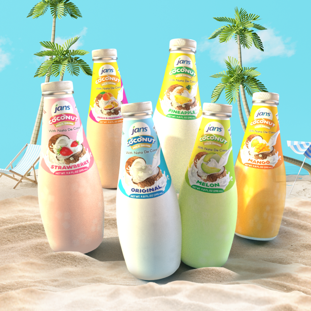 Jans coconut milk drink with nata de coco offers you 6 different flavors such as original coconut, melon, strawberry, pineapple, mango, and peach passion
